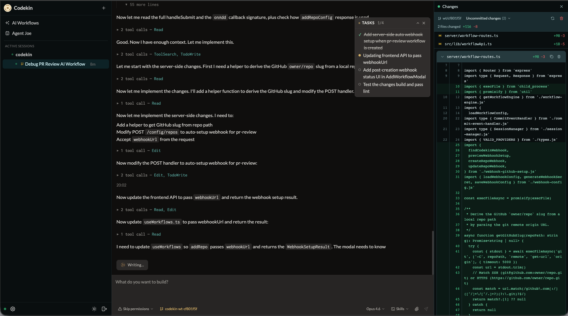 Codekin interface showing a Claude Code session in the browser